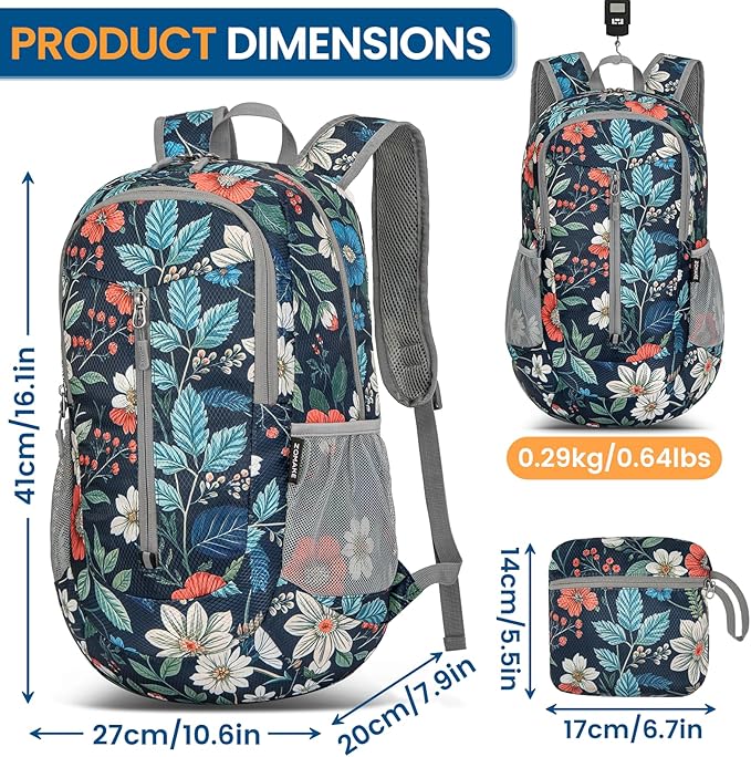 ZOMAKE Ultra Lightweight Packable Backpack 25L - Foldable Hiking Backpacks Water Resistant Small Folding Daypack for Travel(Navy blue,Floral pattern)