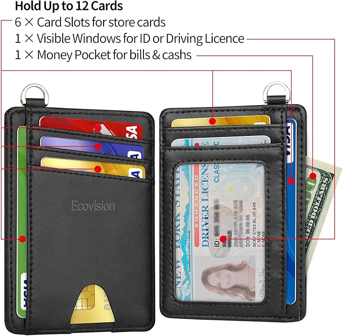 EcoVision Slim Minimalist Front Pocket Wallet, RFID Blocking Credit Card Holder Wallet with Detachable D-Shackle for Men Women