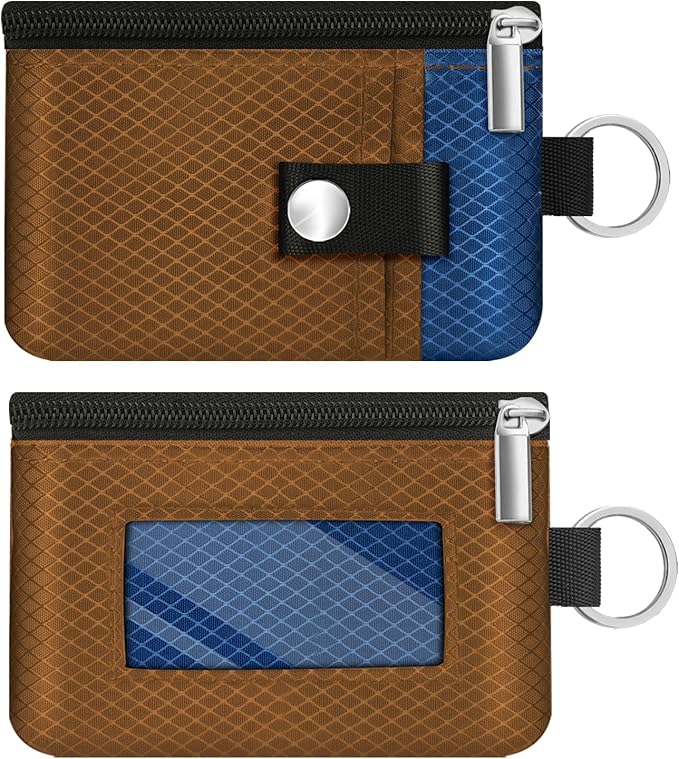 Minimalist RFID Blocking Small Wallet with ID Window,WaterResistant Zip Id Case Wallet with Lanyard Keychain for Cards,Cash,Travel,Women,Men (Brown/Electric Blue)