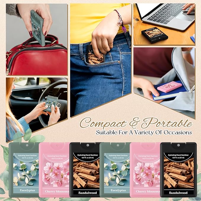 Set of 3 Power Mist Hydrating Hand Sanitizer Spray Bulk Travel Size Moisturizing Hand Sanitizer 0.67 Fl. oz Compact Card Spray Bottle Cherry Blossoms Eucalyptus Sandalwood for Spring Gifts