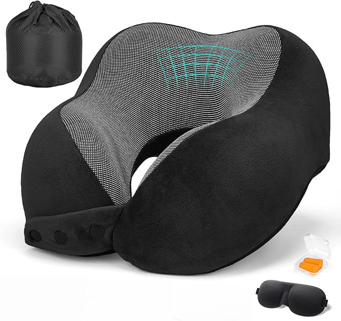 Travel Neck Pillows for Airplanes Memory Foam Neck Pillow for Traveling Adjustable Travel Pillow for Sleeping, Airplane,Train, Car with Eye Mask, Earplugs, Carry Bag