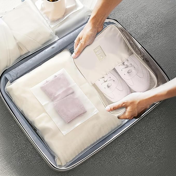 Shoe Bags for Travel Holds 3 Pair of Shoes, Shoe Storage Pouch with 2 Pack Portable Bags, Waterproof & Washable, Cream