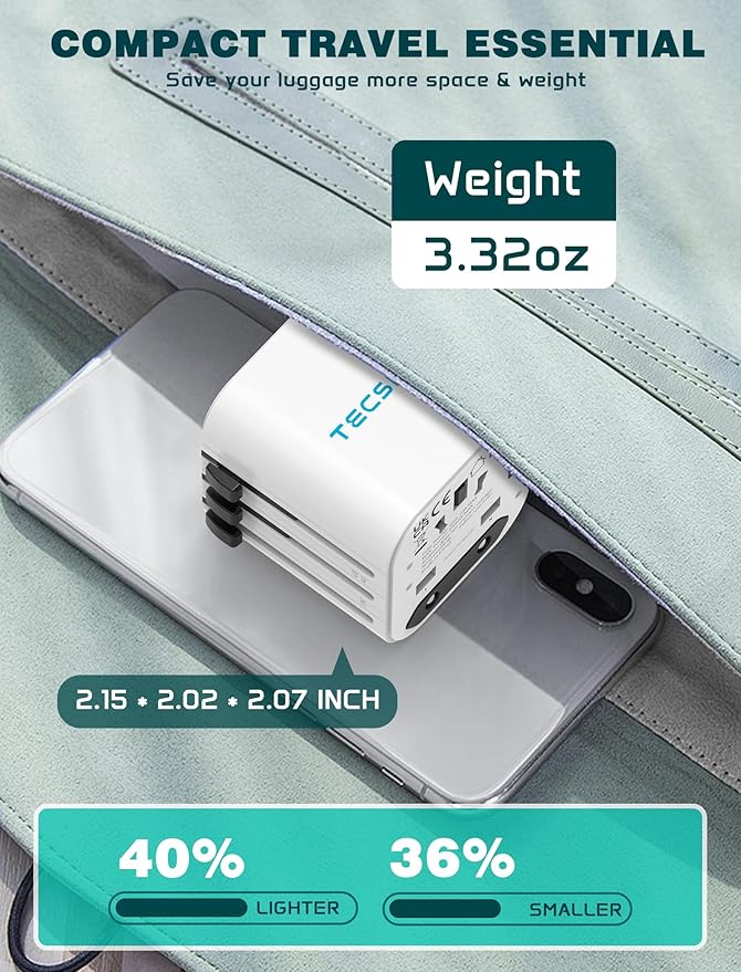 Universal Travel Adapter Worldwide, TECSIX Compact Travel Power Plug Adapter (Type A C G I), 2500W Internetional Wall Charger Outlet Adaptor to Europe, India, UK, US, AUS, Asia 200+ Countries