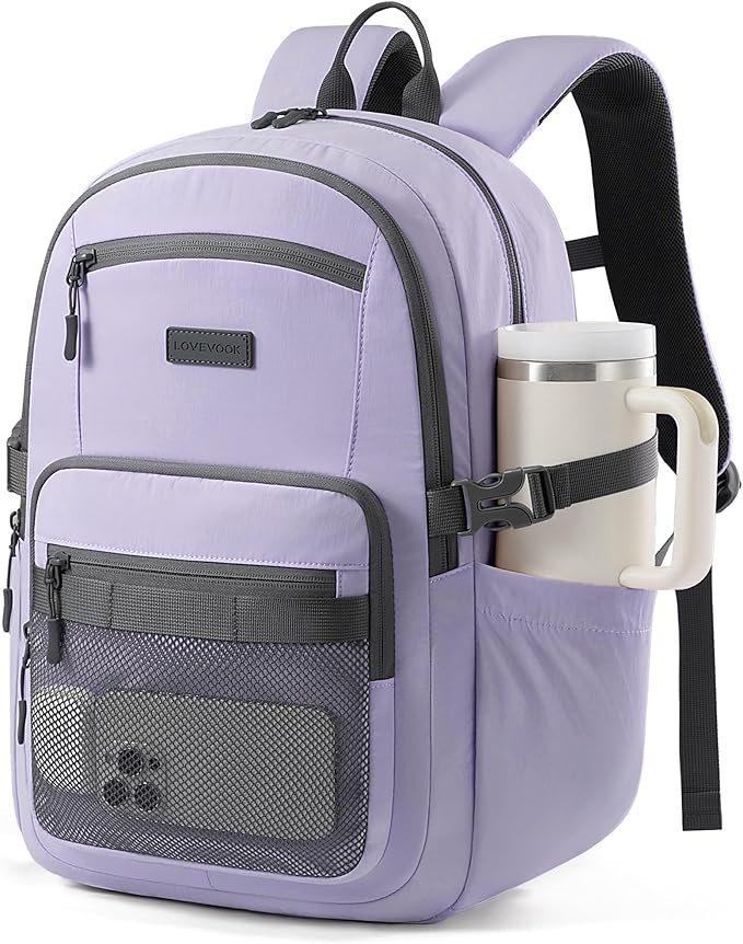 LOVEVOOK Laptop Backpack Women with 40oz Cup Holder Buckle Strap, 17.3 Inch Tech-Ready Work Backpack, TSA-compliant for Travel & College with Versatile Mesh Pocket, Mauve