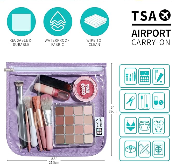 HIONXMGA TSA Approved Toiletry Bag, Set of 3 Clear Travel Toiletry Bag Quart Size Zipper Travel Pouch, Waterproof Makeup Cosmetic Bag for Women Men Kids Toiletries Carry on, Purple Large