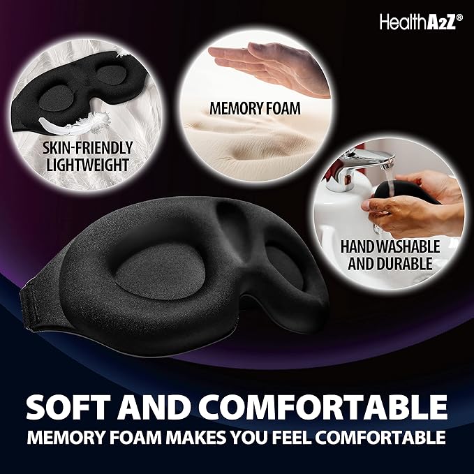 HealthA2Z Sleep Eye Mask, Heat-Bonded Technology, Easy to Adjust, Ideal for Meditation, Yoga, Travel, Nap, Insomnia Black (Pack of 2)