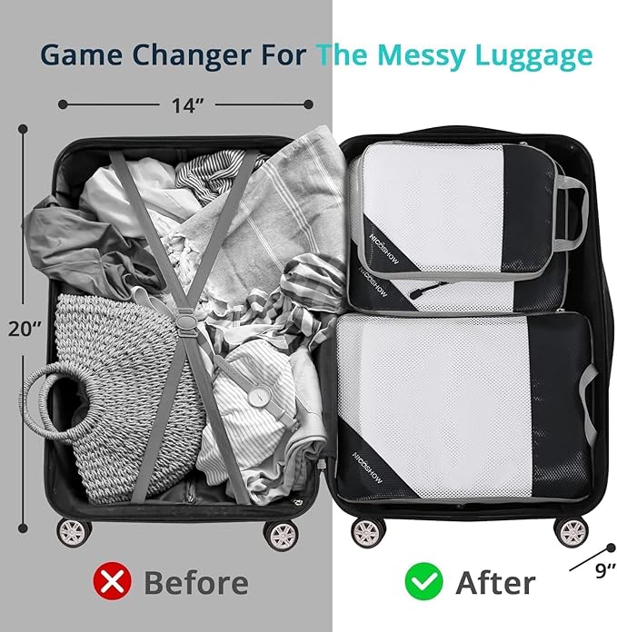 NICOSHOW 3 Set Compression Packing Cubes for Travel - Compressible, Lightweight, and Space-Saving Packing Cubes, Travel Essentials for Women, Black