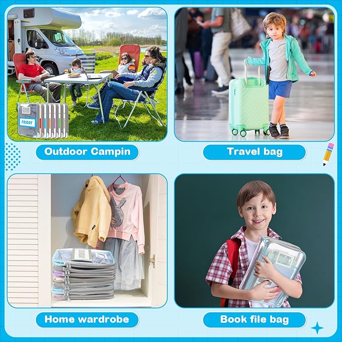 Honoson 14 Pack Packing Cubes for Travel Days of Week Packing Cubes with Labels Clear Zippered Storage Bag for Travel Summer Camp Essentials