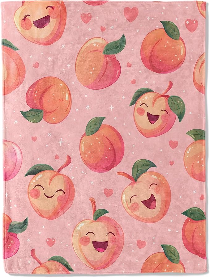 Peach Flannel Blanket - Cute Happy Fruit Smiling Peaches on Pink Throw - Lightweight Soft Cozy Gifts Blankets for Kids Adult,Modern Home Room Whimsical Decor 50x60in