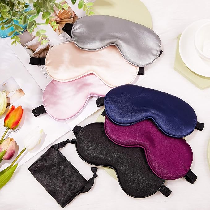 6 Pieces Natural Silk Sleep Mask Soft Eye Mask Adjustable Strap Blindfold Eyeshade Smooth Comfortable Eye Cover with Bag for Sleeping(Black, Taro Purple, Navy, Purple, Pink, Gray)