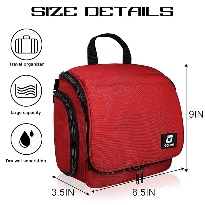 Goloni Hanging Toiletry Bag, 10 Compartments Water-Resistant Makeup Bag with 360° Spinning Metal Hook, Large Travel Cosmetic Organizer for Men & Women, Red (7.05oz)
