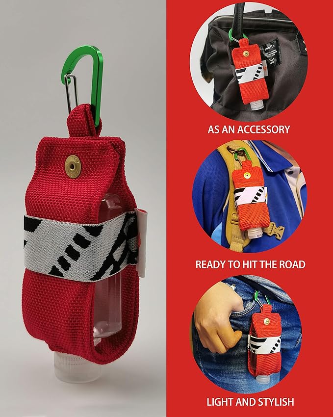 Travel Size Hand Sanitizer Holder,Bottle Case and Carabiner Carrier bag-Portable Mini Waist Bag for Liquids Clip On Belt Loop, Backpack and Purse - Includes Empty 60ml/ 2 oz Reusable Bottle(Red)