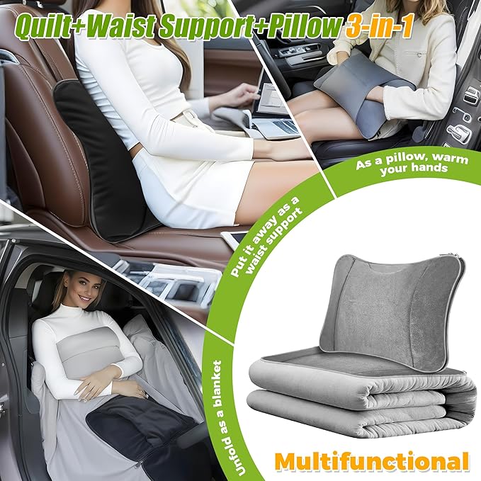 Loyala 3-in-1Travel Blanket and Lumbar Support Pillow, Foldable Compact Airplane Travel Blanket Functioned as Lumbar Support Pillow, Multi-Purpose for Office Car and Travel Comfort and Warmth (Gray)