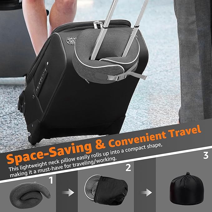 Travel Pillows for Airplanes Ergonomic Memory Foam Neck Pillow for Travel - 360° Head & Neck Support for Sleeping on Flights, Cars, Trains & Office (Dark Gray-1)