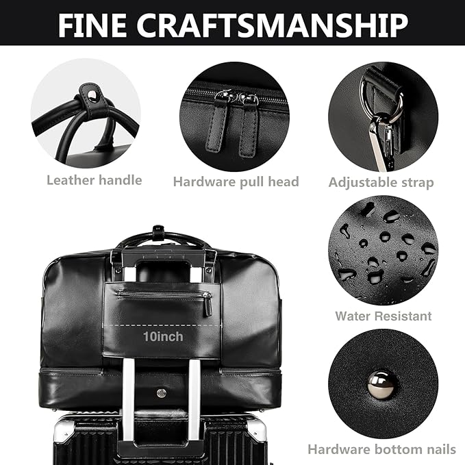 Large 4-in-1 Leather Duffle Bag for Travel Weekender Overnight Hospital Gym Bag for Men & Women, Carry On Airline Approved Personal Item Duffel Garment Bag Luggage with Shoe Compartment & Toiletry Bag