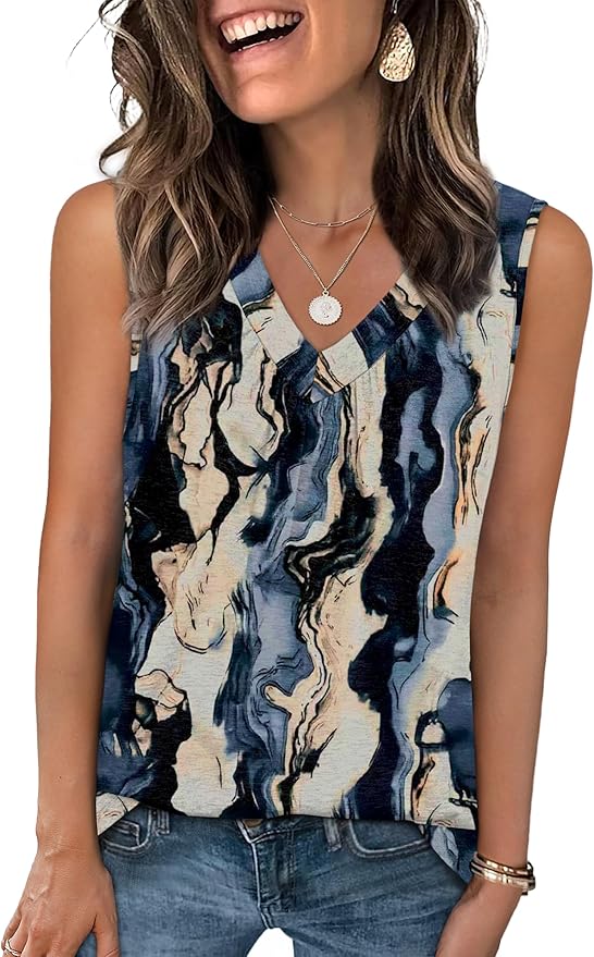 OFEEFAN Tank Top for Women Loose Fit Sleeveless Shirts V Neck Summer Clothes Ruched Women's Tees and Tanks Curved Hem