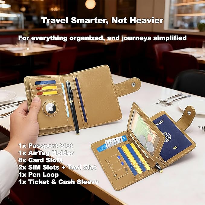 Passport Holder for Travel, RFID Blocking Leather Airtag Wallet for Women Men, Large Passport Cover Essentials Gift, Tickets, Cash, Photo, Sim Card Pen Slot, Apricot