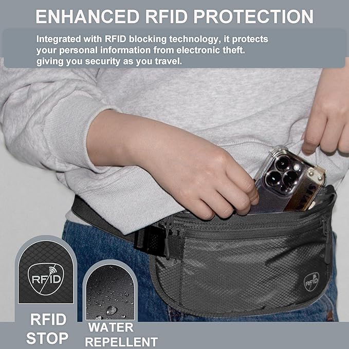 SUPACOOL Money Belt, Hidden Travel Wallet for Passport, RFID Blocking Passport Pouch, Passport Holder for Travel, Undercover Fanny Pack(Black)