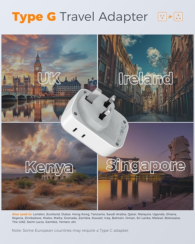 US to UK Plug Adapter, TESSAN Type G Travel Converter with 3 USB Charger(1 USB C Port), 4 Outlets Power Adaptor for USA to Qatar Ireland Hong Kong England Scotland Kenya Dubai London British