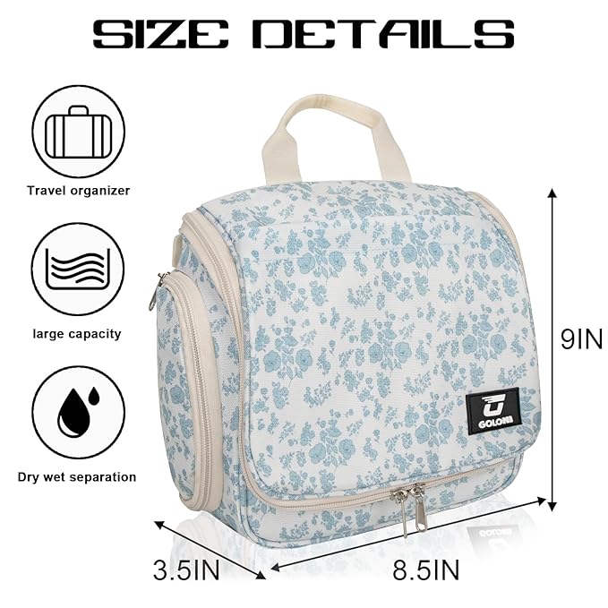 Goloni Hanging Toiletry Bag, 10 Compartments Water-Resistant Makeup Bag with 360° Spinning Metal Hook, Large Travel Cosmetic Organizer for Men & Women, Flower (7.05oz)