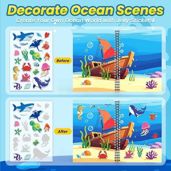 Ocean Reusable Sticker Book for Toddlers, DIY Make-a-face Animals Jelly Fun 3D Stickers, Washable Puffy Stickers for Kids Toys, Airplane Road Trip Travel Activities Essentials for Kids 3 4 5 Years