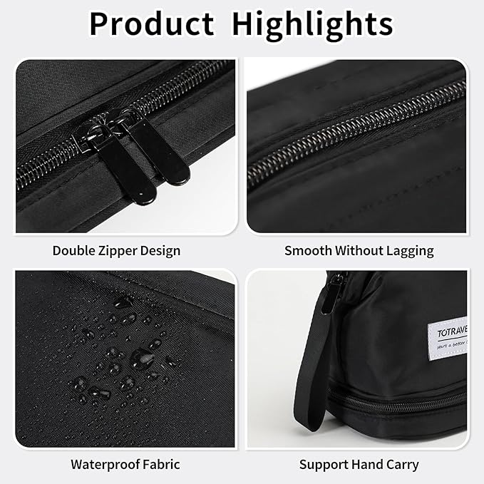 Hanging Travel Toiletry Bag for Women, Makeup Bag, Compact, sturdy, Lightweight, Waterproof, Simple and Practical, Functions As Both Cosmetic Organizer And Toiletry Bag (Woman, Jet Black)