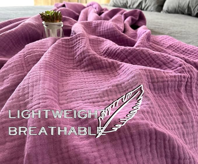 KyraHome 100% Organic Cotton 60"x80" Large Cotton Throw Blanket for Couch, Women, Plant Dyed, Breathable Lightweight Gauze Muslin Blanket for Adult, All Season (Purple Lavender)
