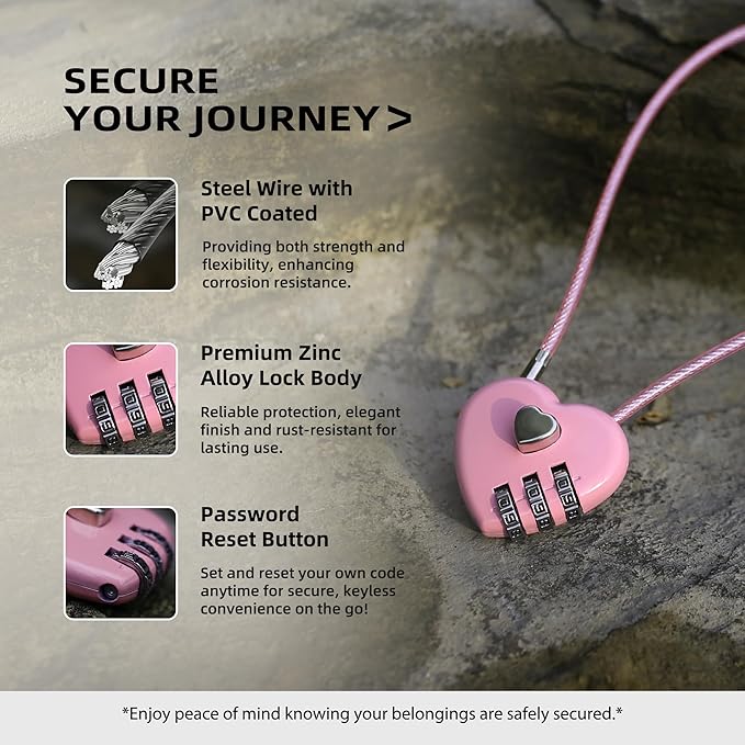 Small Cable Lock with Combination, Combo Lock with Code, Pink Cable Padlock for Luggage, Cabinet, Closet, French Fridge Door, Stroller, Bike Helmet, Pet Cage, Pool Gate, Outdoor Fence