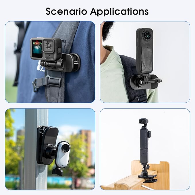 Backpack Strap Quick Clip Mount for DJI Osmo 360 Action 6 5 Nano for Insta360 Go Ultra X5 X4 for Gopro Hero 13 12 11 10 MAX 2, 360° Rotation Magnetic Clamp for AKASO EK7000/Brave Accessories