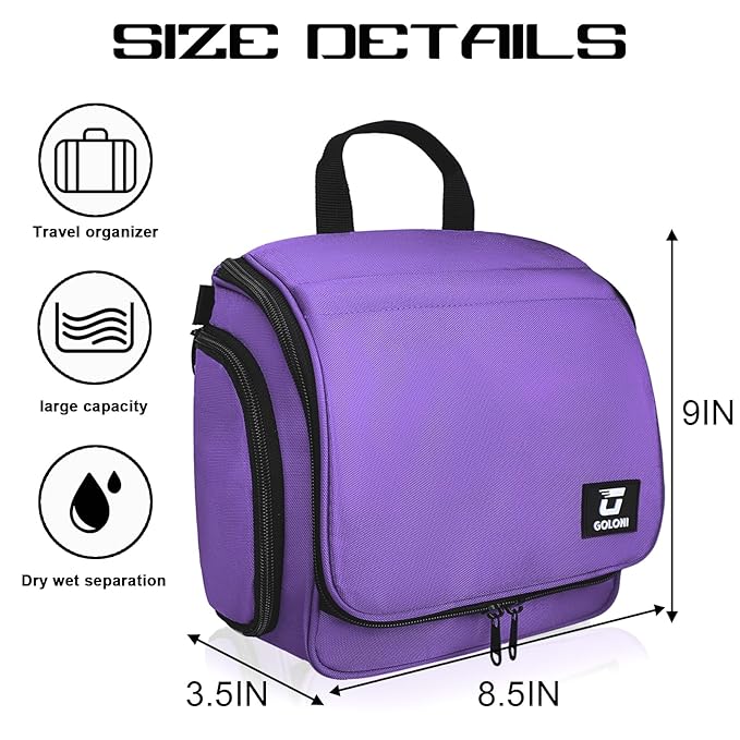 Goloni Hanging Toiletry Bag, 10 Compartments Water-Resistant Makeup Bag with 360° Spinning Metal Hook, Large Travel Cosmetic Organizer for Men & Women, Purple (7.05oz)