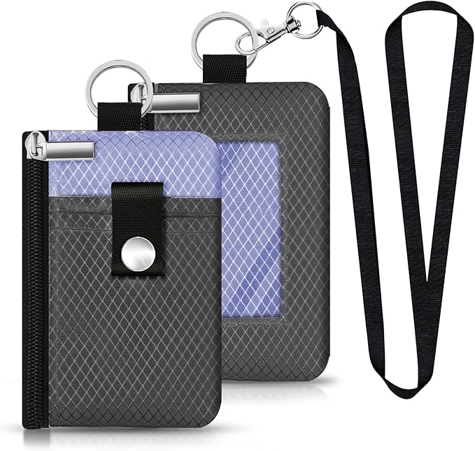 Minimalist RFID Blocking Small Wallet with ID Window,WaterResistant Zip Id Case Wallet with Lanyard Keychain for Cards,Cash,Travel,Women,Men (DarkGrey/Lavender Purple)
