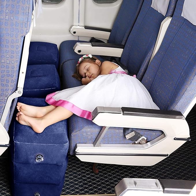 HOMCA Inflatable Travel Foot Rest Pillow (2-Pack) Adjustable Height Leg Pillow Fast Inflating Airplane Bed for Toddlers Footrest Pillow for Office, Airplane, Train, Cars, Home (Blue)