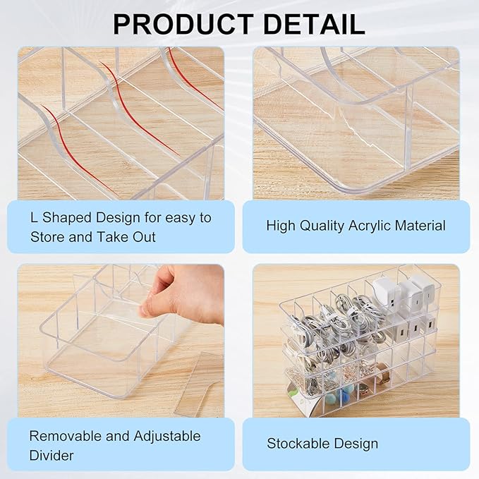 Tatuo 1 Pcs Cable Organizer with 10 Wire Ties, Plastic Cord Storage Charger Box Electronics Organizer with Adjustment Compartments Cable Storage for Drawer Home Office Desk Accessories (Clear)