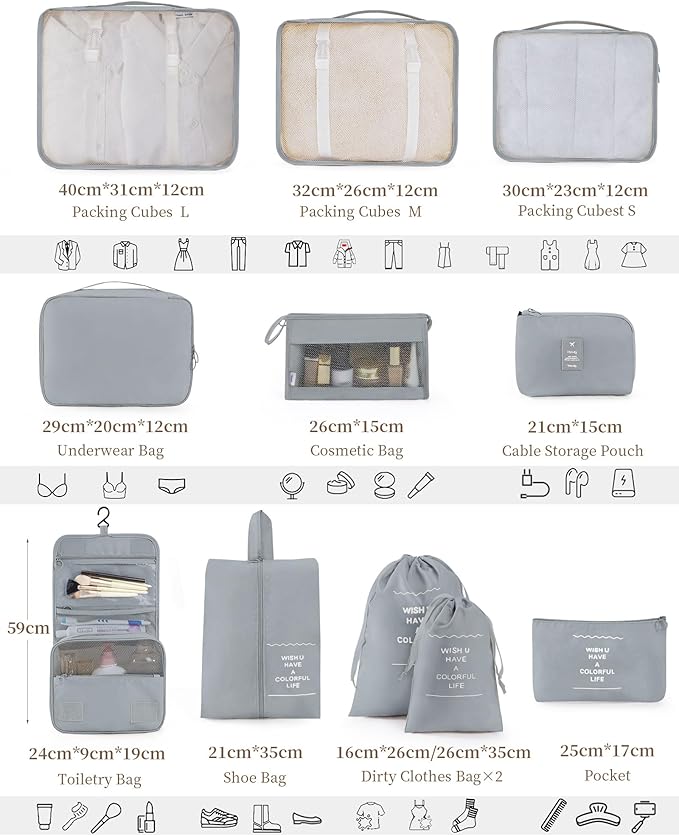 Anjing Packing Cubes for Suitcase 11PCS Luggage Packing Organizers Travel Essentials Luggage Organizer Hooked Toiletry Bag Cosmetic Bag and Shoes Bag, Gray