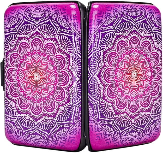ELFISH Mini RFID Aluminum Wallet Credit Cards Holder Business Card Case Metal ID Case for Men Women (Pink flower)