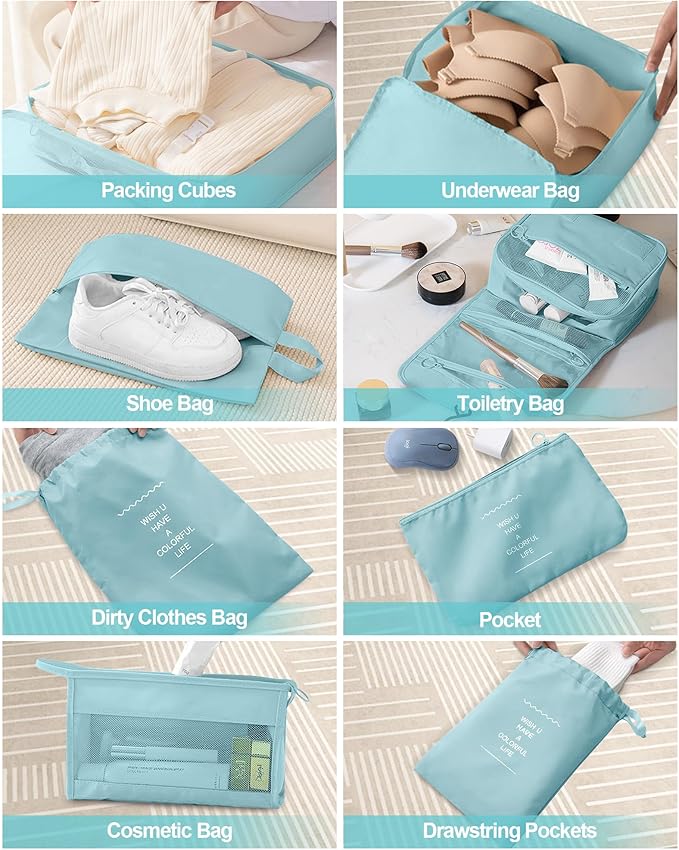 Anjing 10 Set Packing Cubes Luggage Organizers for Travel Accessories Essentials Organizer Bags Carry on Suitcases, Lake Blue