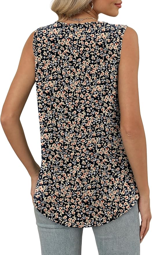 OFEEFAN Tank Top for Women Loose Fit Sleeveless Shirts V Neck Summer Clothes Ruched Women's Tees and Tanks Curved Hem