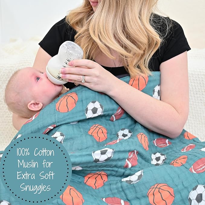 LollyBanks Muslin Swaddle Blankets, 100% Cotton Baby Swaddle Blanket for Boys, Large 47 x 47 Inches Newborn Swaddles, Soft and Breathable Baby Receiving Blankets, Registry (Sports Theme Print)