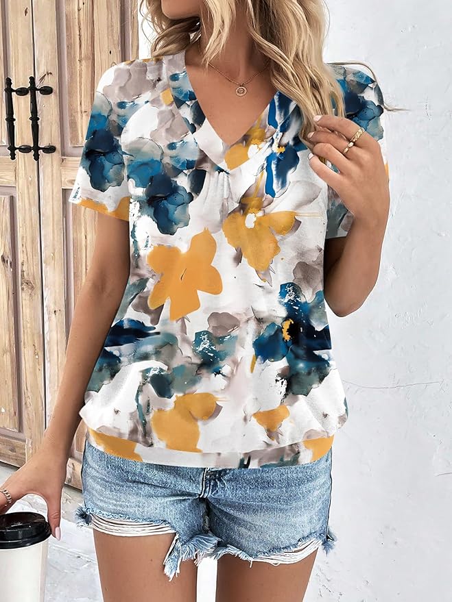 AUTOMET Womens Tops Short Sleeve V Neck T Shirts 2026 Summer Spring Beach Vacation Clothes Casual Loose Ruched Top