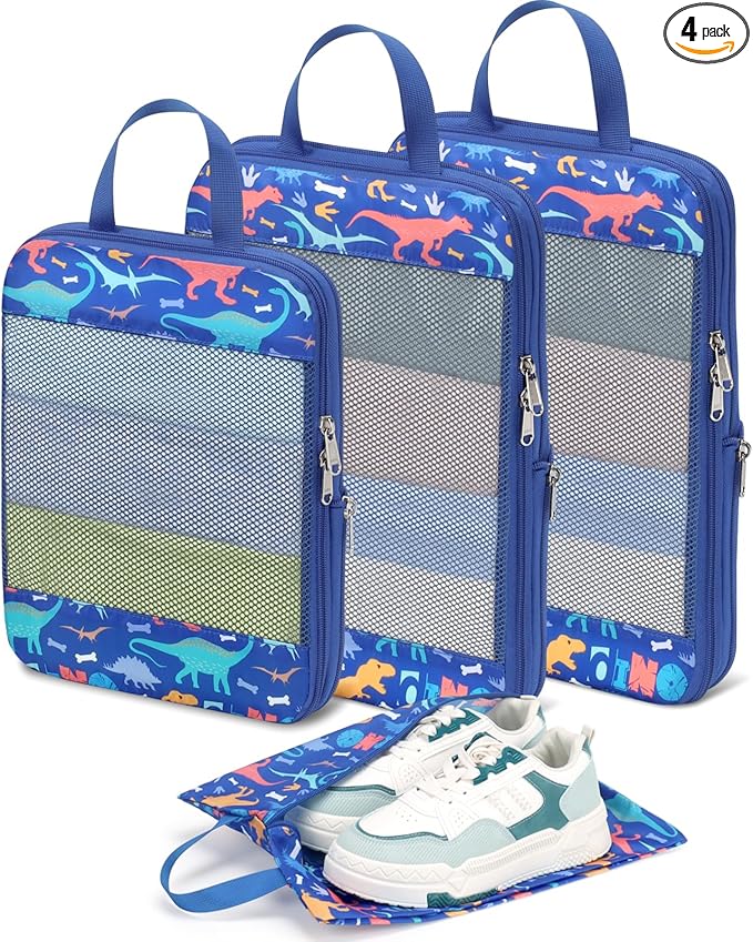 Kids Compression Packing Cubes, 4 Piece Set for Carry On Suitcase, Water Resistant Travel Luggage Organizers with Shoe Bag, Toddler Backpack Essentials (Blue Dinosaur)