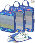 Kids Compression Packing Cubes, 4 Piece Set for Carry On Suitcase, Water Resistant Travel Luggage Organizers with Shoe Bag, Toddler Backpack Essentials (Blue Dinosaur)