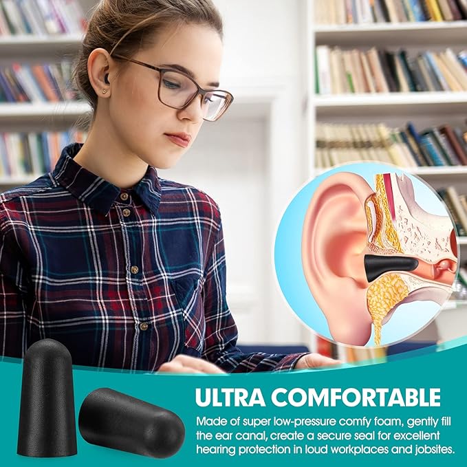 100 Pairs Black Foam Ear Plugs - 33dB NRR Noise Cancelling, Durable & Comfortable, Individually Wrapped for Work, Construction, Shooting, Travel, Loud Events