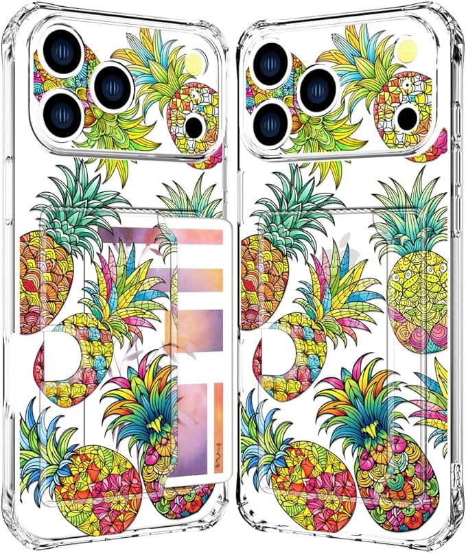 Compatible with iPhone 17 Pro Case Card Holder for Women Cute Design,Wallet Phone Cases Transparent Cool Kawaii Protective (Clear Pineapple Fruit Tropical)