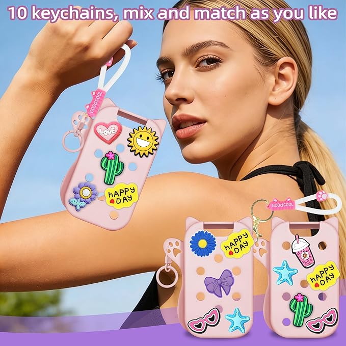 Mlife Hand Sanitizer Spray Case for Touchland Silicone Touchland Case Cat Silicone Case compatible with Touchland Power Mist 1FL OZ/30ML with Keychain &10Pcs Charms(Pink)