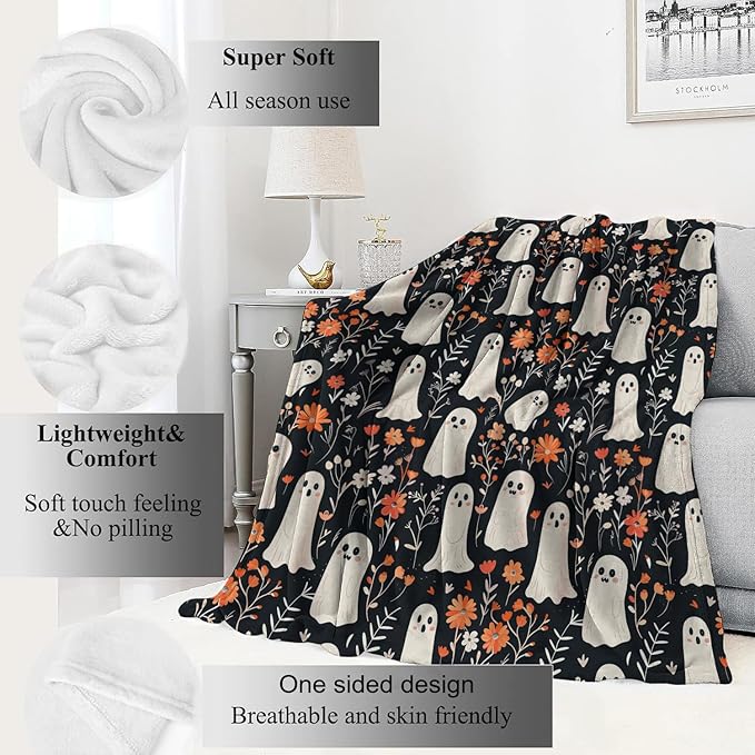 Spooky Ghost Blanket Cute Floral Autumn Flowers Throw Blankets Gifts for Kids Lightweight Soft Fleece Cozy for Sofa Couch Bed Room Travel Birthday Halloween Decor 60x80in