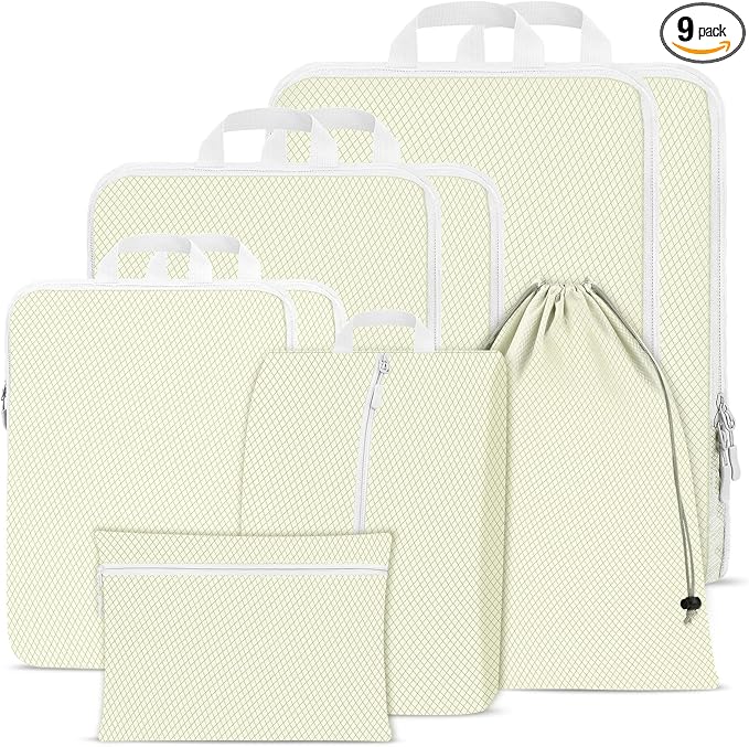 Compression Packing Cubes for Travel,Waterproof Packing Compression Cubes for Travel Packing Organizers,Luggage Cubes for Packing,Ultralight Expandable Packing Cubes Compression (Beige 9 Pack)