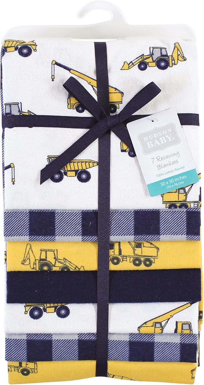 Hudson Baby Unisex Baby Cotton Flannel Receiving Blankets Bundle, Construction, One Size