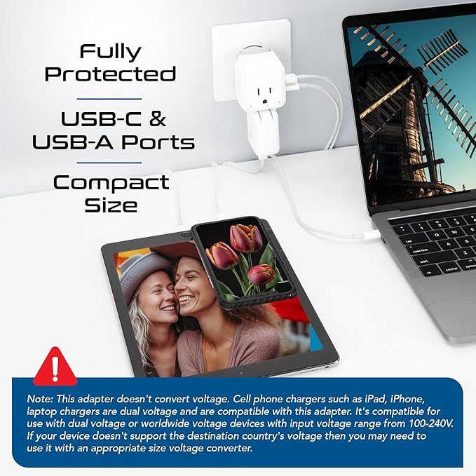 Ceptics Thailand Travel Adapter Set, 20W PD & QC, Type O - 3.1A - 4 in 1-2 USA Inputs, 1 USB Port, 1 USB-C Port - Compact, Powerful - Includes Type O Swadapt Attachments