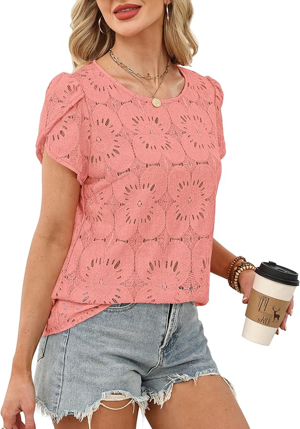 OFEEFAN Blouses for Women Dressy Casual Petal Short Sleeve Shirts Crochet Lace Boho Tops Spring Fashion Summer Outfits