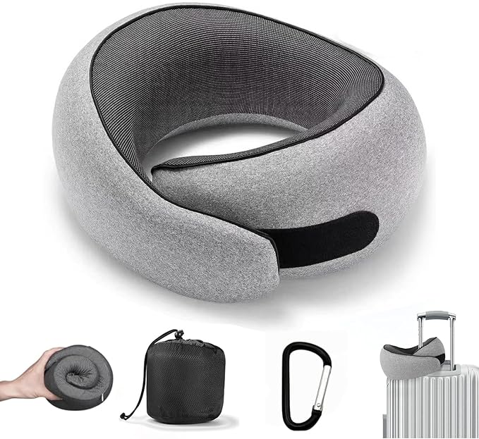 SZXYX Travel Pillows for Airplanes, 100% Pure Memory Foam Neck Pillow for Airplanes, Comfortable Breathable Cover, 360° Support Stowable Pillows for Sleeping, Car, Airport Travel Essentials, Max Grey